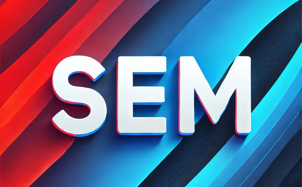 DALL·E 2025-01-04 02.16.15 – The word ‘SEM’ in bold, white, modern text centered on a background where blue transitions smoothly into red from left to right. The gradient is vibra